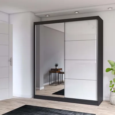 Produktbild von Schwebetürenschrank Kleiderschrank Schrank mit Spiegel 183 cm Schwarz/Weiß Multi 35