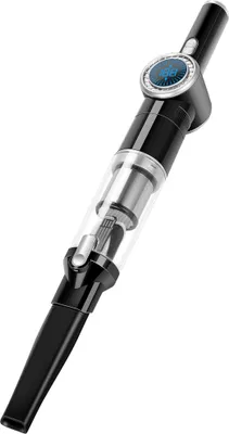 A black handheld vacuum cleaner with a transparent chamber and a digital display.
