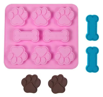 Produktbild von Silikon Backmatten Set für Hundekekse, 4 Stück mit Pipette & Spatel, Hundepfotenaufkleber