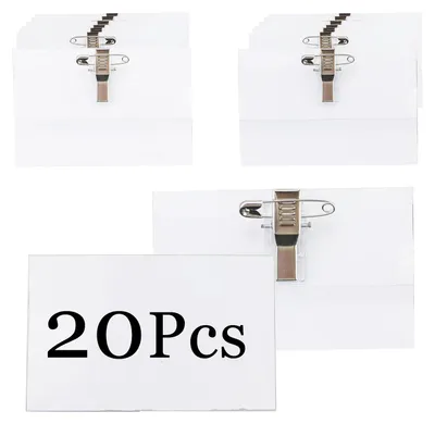 Image de 20 badges pour vêtements, porte-badges en PVC avec clip et épingle, porte-badges transparents avec inserts vierges (90 x 56 mm)