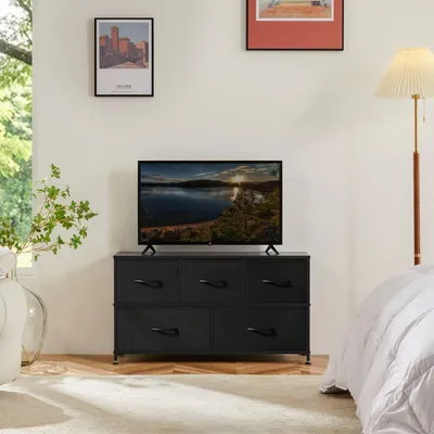 Produktbild von Hohe Kommode mit Stoffablagen, Holzplatte für Kinderzimmer, Kleiderschrank, Eingangsbereich, Kinderzimmer