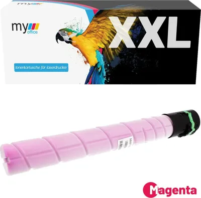 A magenta toner cartridge and its packaging are shown against a white background.