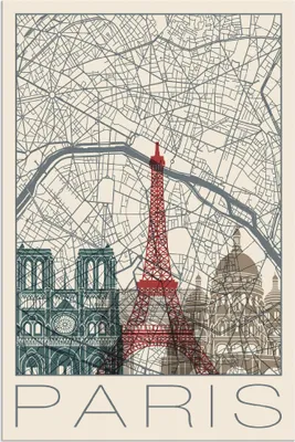 Produktbild von ARTland Wandbild Alu für Innen & Outdoor Retro Karte Paris Frankreich und Skyline Größe: 40x60 cm