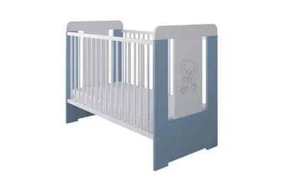 Produktbild von Gitterbett mit Matratze & Kleiner Teddybar Gravur 120x60cm | 3 ausziehbare Sprossen | 3-Stufen-Verstellung | Kiefernholz | Für Mädchen und Junge | Blau