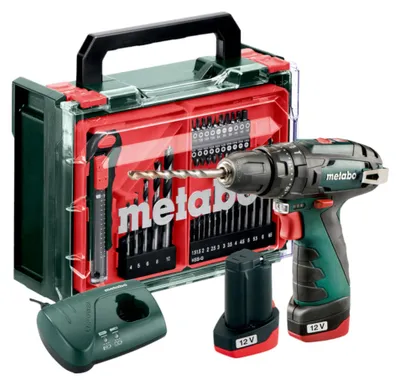 Zdjęcie produktu dla Metabo PowerMaxx SB Basic Set, Wiertarka pistoletowa, Zamek centralny, Czarny, Zielony, Czerwony, 1 cm, 1400 RPM, 1,8 cm