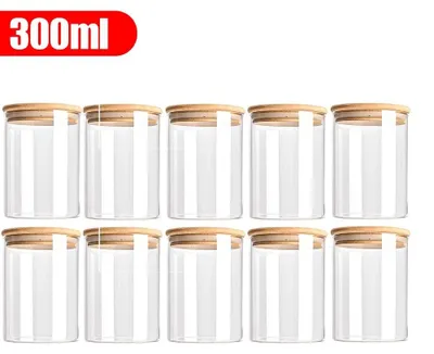 Produktbild von Vorratsgläser mit Holzdeckel - Glas Lebensmittel Aufbewahrungsbehälter 10er Set 300 ml - Luftdicht - Wiederverwendbar - Lebensmittelechtes Glas - Für Trockenwaren