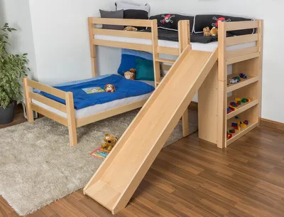 Produktbild von Etagenbett / Spielbett Phillip Buche massiv natur mit Rutsche und Regal, inkl. Rollrost - 90 x 200 cm, teilbar