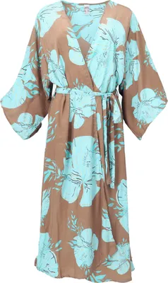 Produktbild von Kimonokleid, Seidig Glänzender Boho Kimono mit Trompetenärmeln, Kimonomantel - Braun/türkis, Damen, Polyester, Kimono