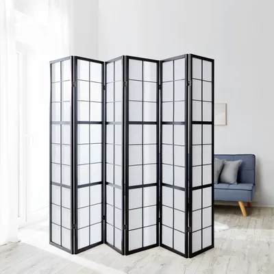 Produktbild von Homestyle4u Paravent Raumteiler 6 teilig Holz Schwarz Reispapier Weiß Höhe 175 cm