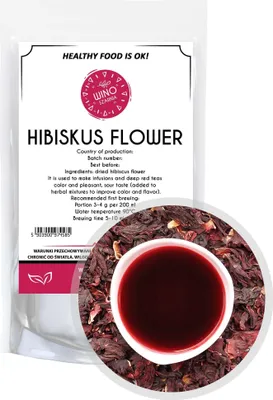 A package of dried hibiscus flowers with a close-up of brewed hibiscus tea.