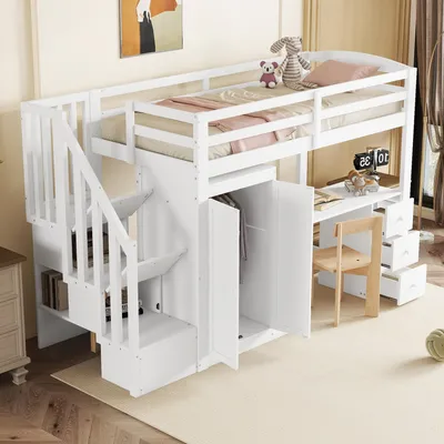 Produktbild von Merax Hochbett 90x200cm mit Kleiderschrank und Schreibtisch, Treppe und Schubladen, Etagenbett Spielbett Kinderbett Weiß Holz Kiefer
