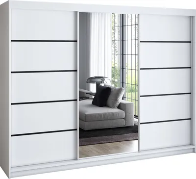 Produktbild von Schwebetürenschrank 200 cm, 3-türig, mit Spiegel & 4 Schubladen, Retro-Stil, modern, in Weiß/Schwarz/Sonoma – Kleiderschrank VILUNO 2