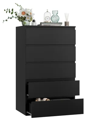 Zdjęcie produktu dla Komoda – wysoka komoda z 5 szufladami – drewno – nowoczesny minimalizm – do sypialni, salonu i przedpokoju – 60 x 40 x 100 cm – czarna