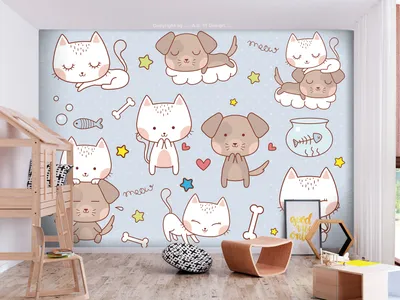 Produktbild von Vlies Fototapete Tiere Kinderzimmer 300x210 cm Tapeten Wandtapete XXL Hund Katze Sterne Herz g-B-0199-a-a