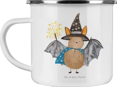 Produktbild von Mr. & Mrs. Panda Camping Emaille Tasse Fledermaus Zauberer - Weiß - Geschenk, Pott, Teetasse, Becher, Reinsteigern, Fledermäuse, Emailletasse, Magier, Lustige Sprüche