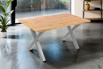 Produktbild von Esstisch Josy | 160 x 85 cm | Holz Wildeiche-Optik | X-Gestell Metall Silber | 40 mm Tischplatte mit Baumkante | Tisch für Esszimmer & Küche