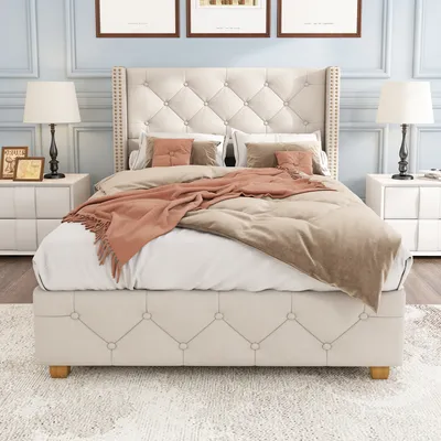 Produktbild von okwish Polsterbett Einzelbett 90×200cm mit Lattenrost und Kopfteil, Knopfpolsterung, Nietenpolsterung, Leinen, Beige,Ohne Matratze