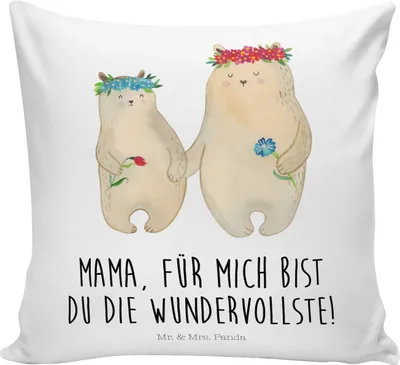 Produktbild von Mr. & Mrs. Panda Kuschel Kissen Bären mit Blumenkranz - Weiß - Geschenk, Muttertag, 40x40, Kuschelkissen, Mutter, Familie, Sofakissen, Kinder, Sofa, bedruckt, Bär, für