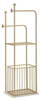 Zdjęcie produktu dla Półka podłogowa na ręczniki z koszem, wykonana z metalu w złotym kolorze, wymiary: 40x30x121 cm