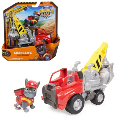 Produktbild von Rubble & Crew Rubble und Crew - Kran-Baufahrzeug (Basis Fahrzeug) mit Charger-Figur, dreh- und ausfahrbarer Ausleger, authentisches Spielzeug aus TV-Serie, für Kinder ab 3 Jahren, Kranwagen, 3 Jahr(e), Kunststoff, Grau, Rot, Gelb