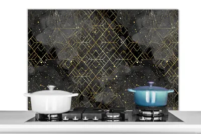 Produktbild von KitchenYeah®  Spritzschutz Küche - Küchenrückwand - Wandschutz für Herd und Spüle - Marmor - Schwarz - Gold - Geometrie 100x65 - Alu-Dibond (Alternative zum Spritzschutz aus Glas) - Hitzebeständig - H