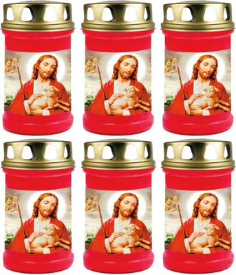 Immagine prodotto di Candela tombale rossa confezione da 6, durata di combustione: 48 ore (per candela), motivo: Gesù con agnello