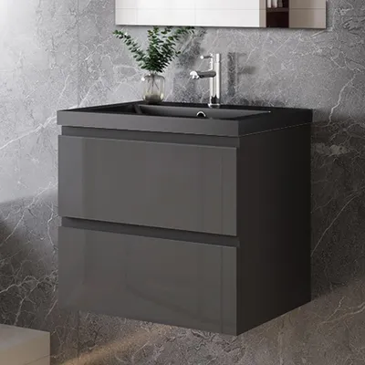 Produktbild von 60 cm Badmöbel-Set Unterschrank mit Schwarz Mineralguss waschtisch 2 Schubladen soft-close Hochglanz Anthrazit Selbstmontierter