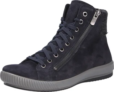 A single navy blue high-top sneaker with a gray sole is shown against a white background.