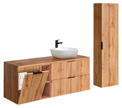 Produktbild von Waschtisch und Hängesäule 140.8cm Adriel mit 2 Schubladen, Holzoptik