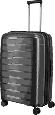 A studio shot of a dark gray suitcase with wheels and a retractable handle.