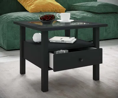 Produktbild von VCM Holz Beistelltisch mit ESG-Sicherheitsglas | Couchtisch schlicht | Maße ca. H. 42 x B. 54 x T. 54 cm | Wohnzimmertisch mit Schublade | Sofatisch - Lingis M