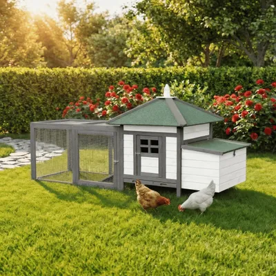Produktbild von MyAnimal Hühnerstall MH-19 | Für 3-4 Hühner - Hühnerhaus - 2 Sitzstangen - Nistkasten - Eiablage - Freilaufgehege - Wetterfestes Dach (Grau/Weiß)