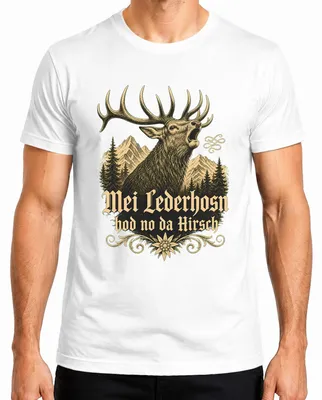 Zdjęcie produktu dla Mei Lederhosn, koszulka tradycyjna bawarska "Hirsch", spodnie skórzane męskie, biały kolor, rozmiar L