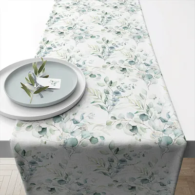 Produktbild von Tischläufer Baumwolle 40cm x 1,5m mit Eukalyptus Motiv Grün / Weiß