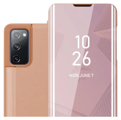 A pink phone case with a transparent cover displaying the time and date.