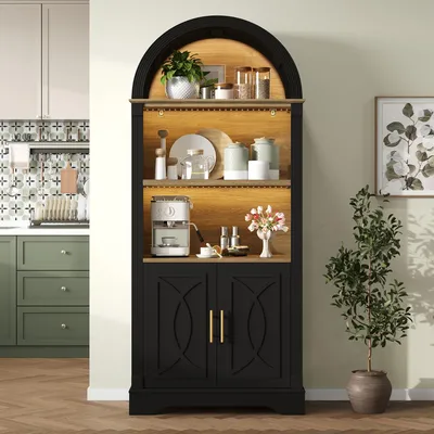 Produktbild von Flieks Küchenschrank mit verstellbarer Regalböde und LED-Beleuchtung, Highboard mit großem Stauraum, Hochschränke für Esszimmer, Wohnzimmer, Schwarz