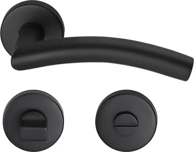 A black door handle set with two rosettes on a white background.