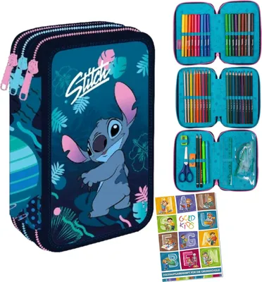 Produktbild von Federmäppchen 3 Fächer - Mäppchen für Mädchen und Jungen - Federmappe 3-Fach Federtasche Gefüllte Schüleretui 46-teilig - Schulmäppchen Stitch