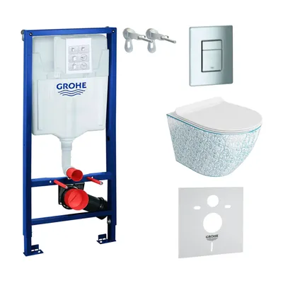 Produktbild von GROHE Vorwandelement Solido + Wand Hänge WC Sofi Slim Kresz Weiß/Blau Spülrandlos + WC-Sitz SoftClose | Verchromter Knopf | Komplettset | Unterputz Spülkasten | Toilette Komplett Sett