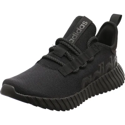A black Adidas athletic shoe is shown from a side angle against a white background.