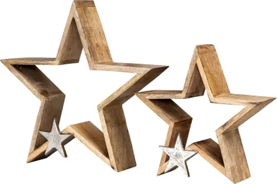 Produktbild von 2er Set Sterne 25-33cm Mango Holz Natur Braun Silber Weihnachtsdeko Tischdeko