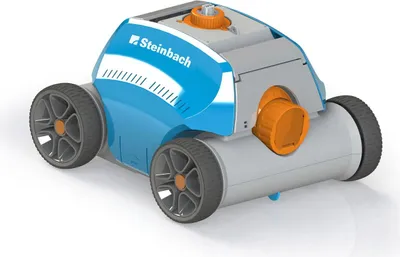 Produktbild von Steinbach Group Poolroboter Poolrunner Battery+, vollautomatisch, kabellos, Vakuumpumpe, Räder, integrierte Bürste, IPX8 Schutz, für Pools bis 80 m² und max. 2 m Beckentiefe, für flachen Boden, 10 m³/h, 210 mm Breite, Orange/Schwarz/Blau, Li-Ion Akku