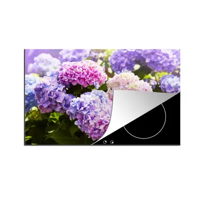 Produktbild von KitchenYeah© Herdabdeckplatte Blumen - Hortensie - Rosa - Blätter - Sonne , 80x52cm, Küche Deko, Glaskeramikkochfeld Herdabdeckung, Abdeckplatte fùr Kochfeld