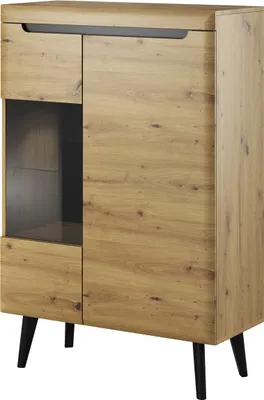 A wooden cabinet with glass sections and black legs, shown against a white background.