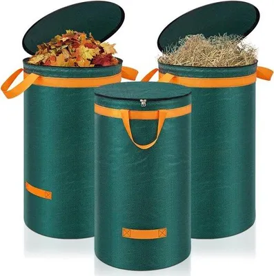 Immagine prodotto di 3 sacchi per rifiuti da giardino, 120 litri, sacchi per foglie, sacchi da giardino con coperchio e manici, grandi e robusti sacchi da giardino, raccoglitore di foglie, sacchi per rifiuti autoportanti, robusti sacchi verdi per erba e foglie