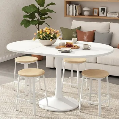 Immagine prodotto di Tavolo da pranzo bianco allungabile, ovale/rotondo, da 100-140 cm, per 2-8 persone, tavolo in legno, moderno, adatto per soggiorno e cucina, tavolo da pranzo rotondo (bianco)