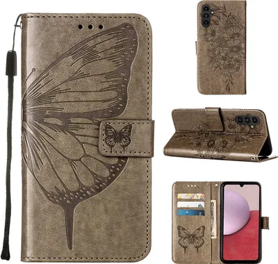 Produktbild von Lederhülle für Samsung Galaxy A25 5G Schmetterling Prägung Flip Ledertasche Kartenfächer Handyhülle mit Ständer Grau