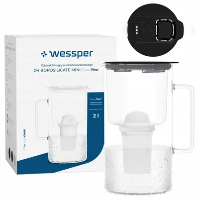 Immagine prodotto di Caraffa filtrante Wessper in vetro nera da 2 litri con indicatore LED del filtro + 1 cartuccia filtrante