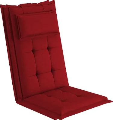 A red chair cushion with a headrest, shown from a diagonal angle against a white background.