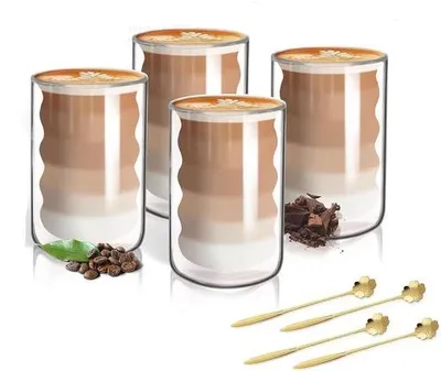 Productafbeelding van Famanu Latte Macchiato glazen, 400 ml - Set van 4 met lepels - Thermoglas met spiralen